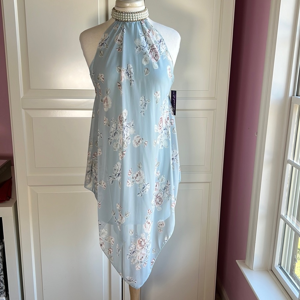 Kimchine blue floral asymmetrical dress rhinestones/faux pearls choker collar